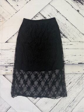 Black Lace Floral Mesh Fairy Grunge Midi Skirt Sheer Bottom Panel Women Small